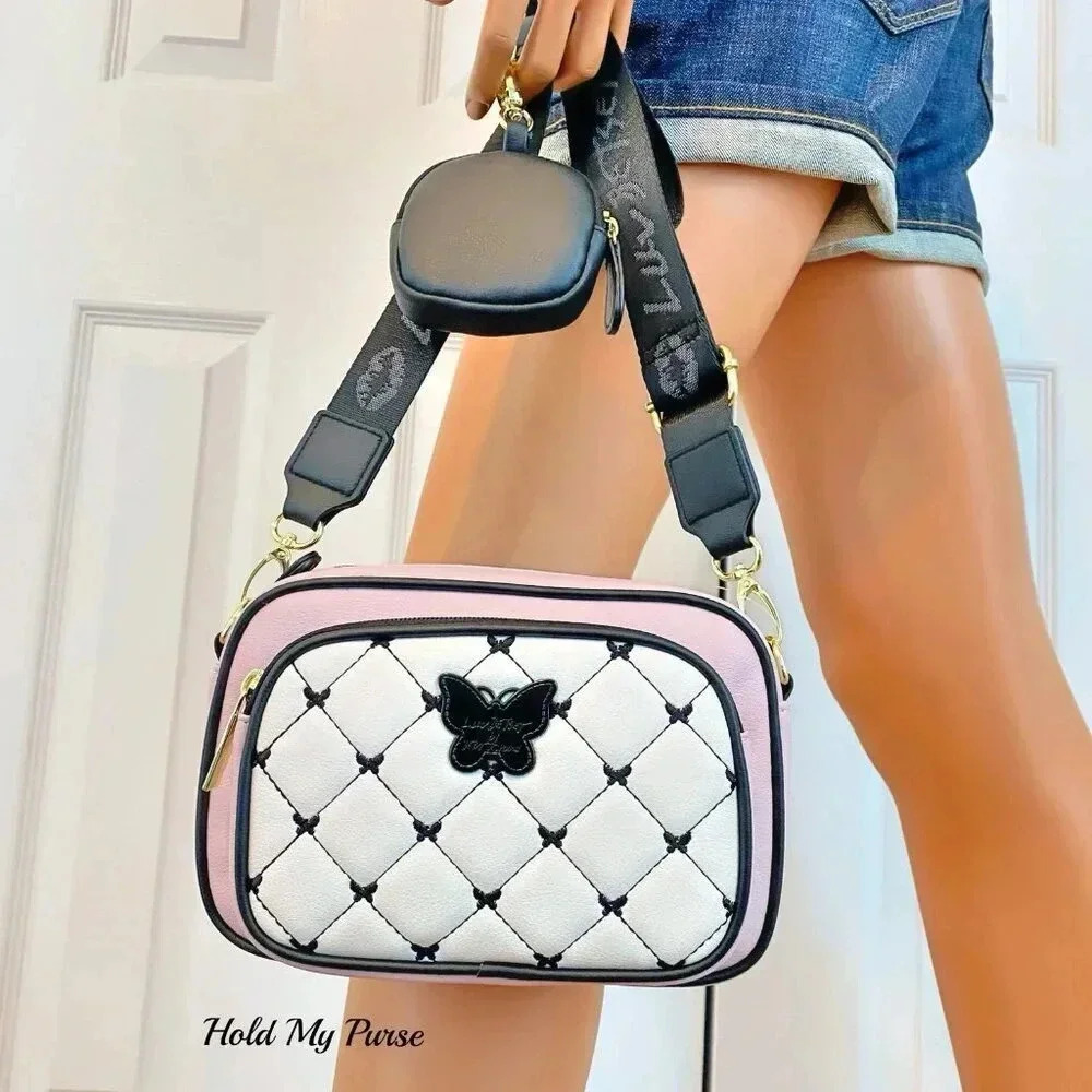 Betsey Johnson Butterfly Quilted Pink Camera Bag & Key Fob Coin Purse NWT - Picture 9 of 10